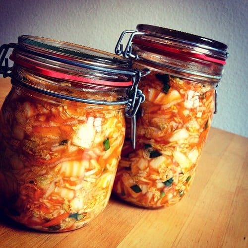 Glass containers with kimchi
