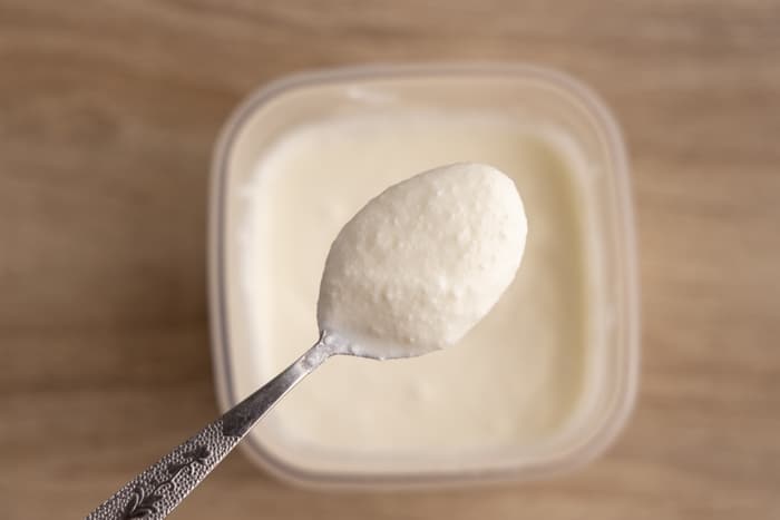 Defrosted and stirred greek yogurt