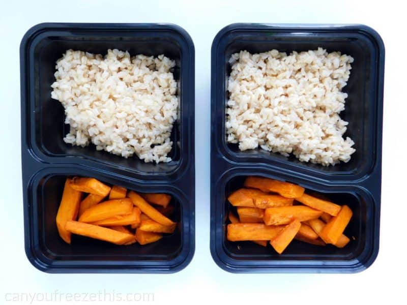 Meal prep containers with sweet potatoes and rice