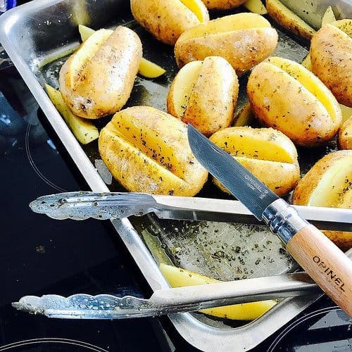 Roasted potatoes on a pan