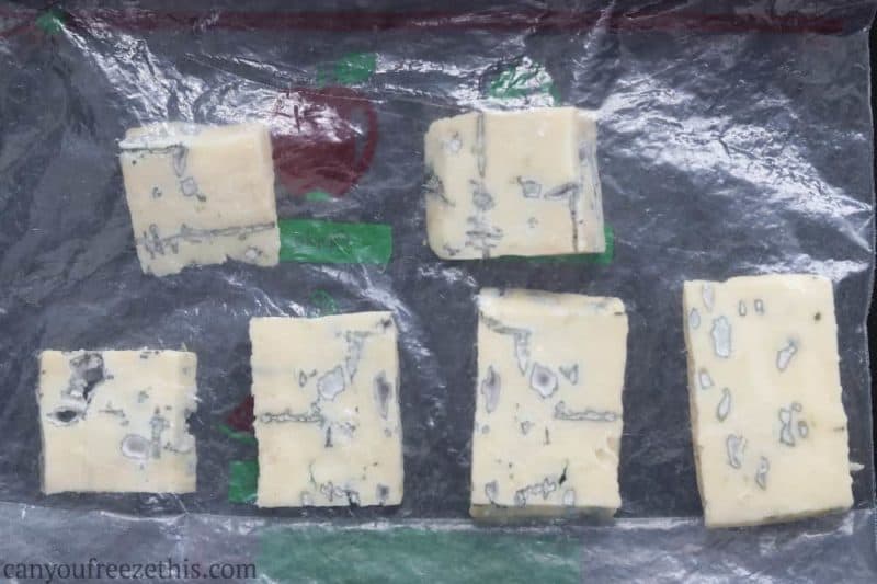 Sliced blue cheese in a freezer bag