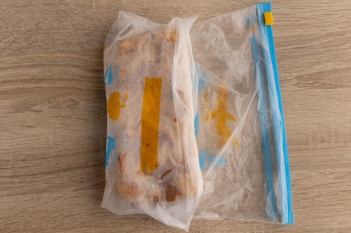 Bread pudding frozen in a freezer bag